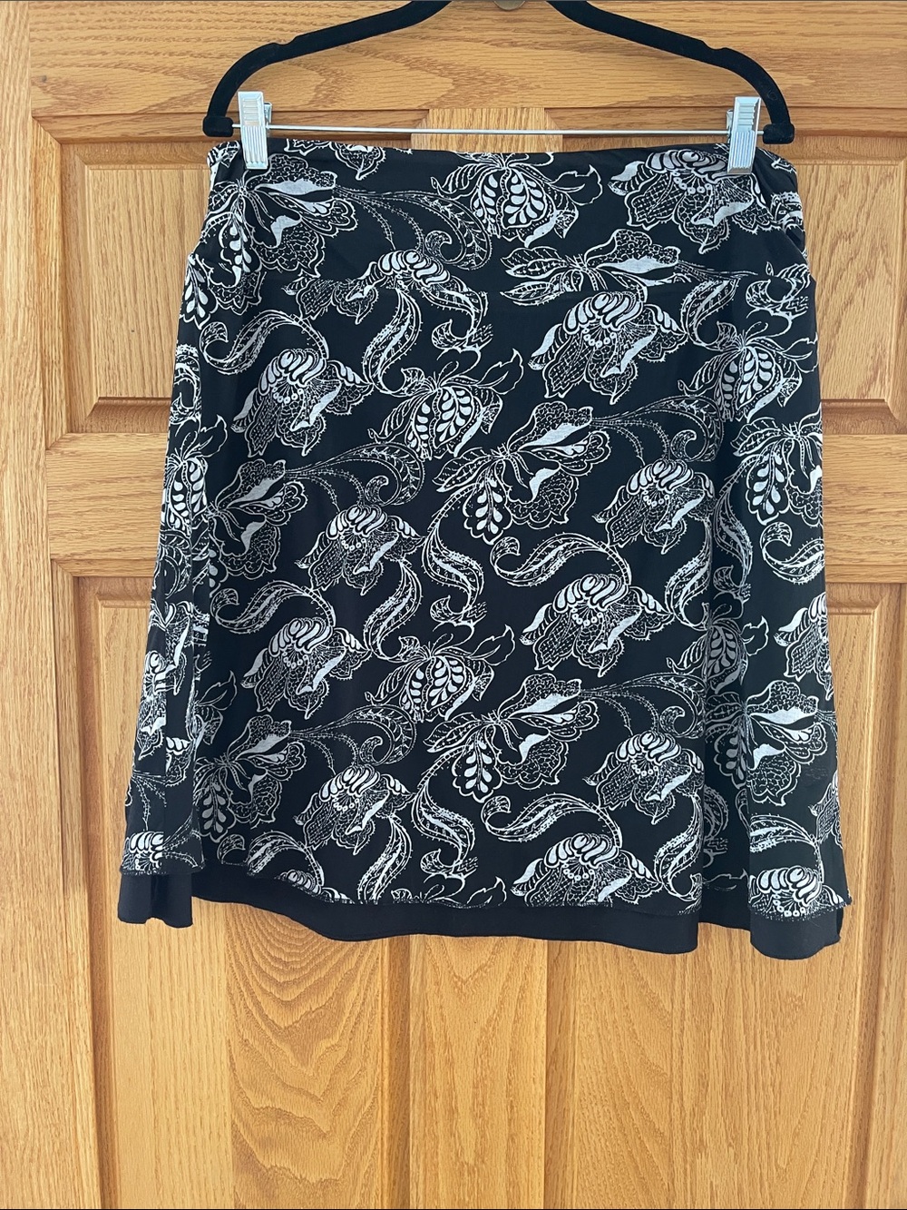 Women's Black A-Line Skirt with White Paisley Print